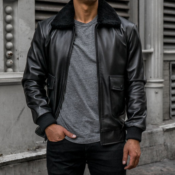Black leather jacket with fur collar
Men’s black bomber leather jacket
Genuine black leather aviator jacket
Men’s winter leather jacket with fur lining, Shearling collar black leather bomber jacket, Luxury black leather jacket for men, Best leather jackets for men USA 2025, Classic men’s aviator leather jacket with fur collar, Stylish men’s leather outerwear USA & International