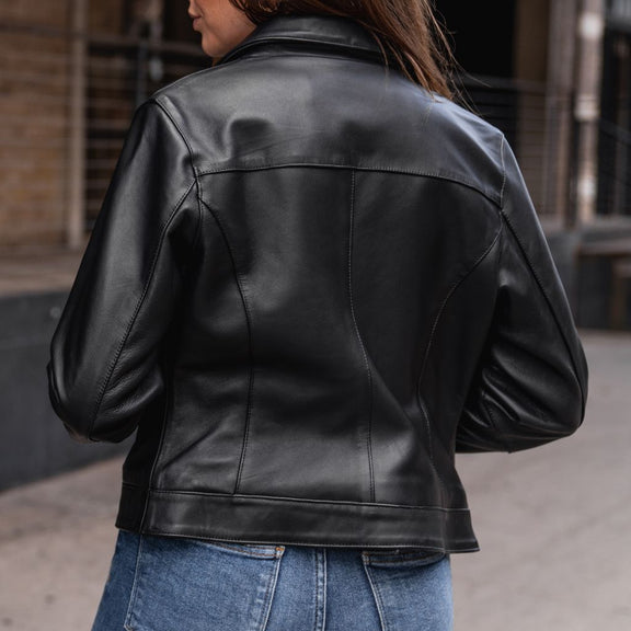 Black Shirt Collar Leather Jacket For Womens 
