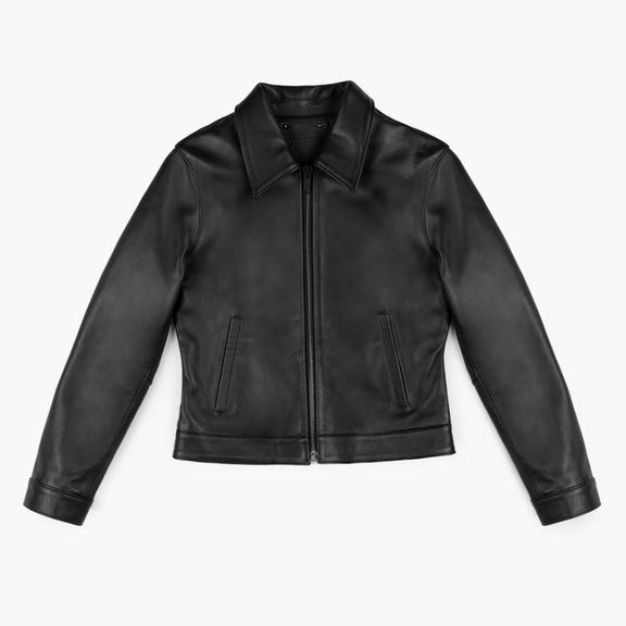 Black Shirt Collar Leather Jacket For Womens 