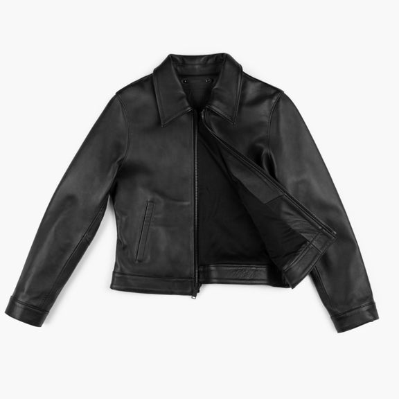 Black Shirt Collar Leather Jacket For Womens 