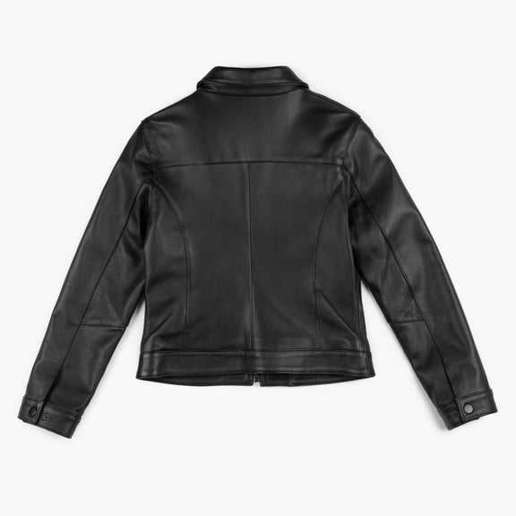 Black Shirt Collar Leather Jacket For Womens 