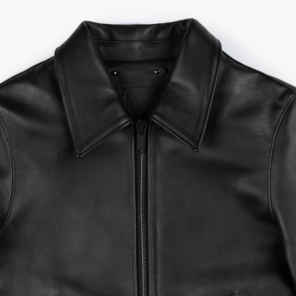 Black Shirt Collar Leather Jacket For Womens 