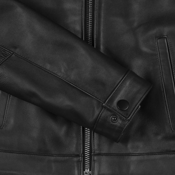 Black Shirt Collar Leather Jacket For Womens 