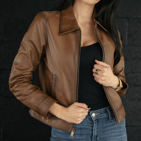 Brown Waxed Leather Jacket for Women – Genuine Leather Slim Fit Moto Style 