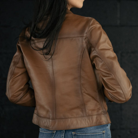 Brown Waxed Leather Jacket for Women – Genuine Leather Slim Fit Moto Style 