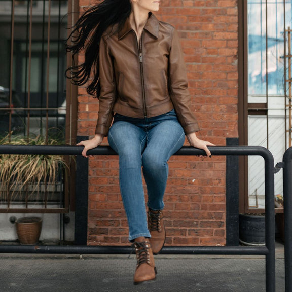 Brown Waxed Leather Jacket for Women – Genuine Leather Slim Fit Moto Style 