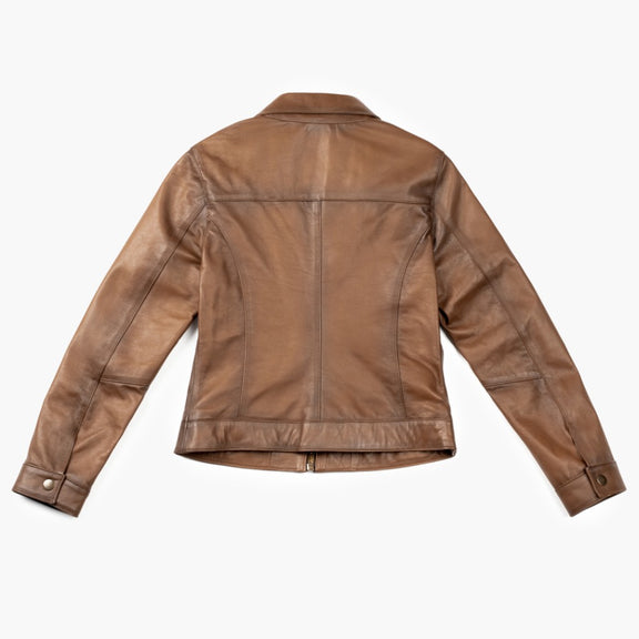 Brown Waxed Leather Jacket for Women – Genuine Leather Slim Fit Moto Style 
