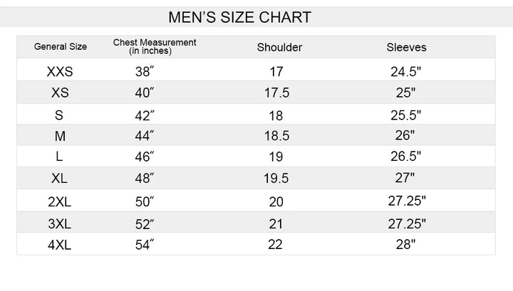 Men's size chart with chest measurement, shoulder, and sleeve dimensions.