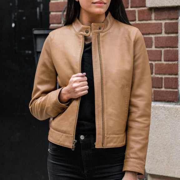 Women’s Tan Racer Leather Jacket - genuine Leather jacket 