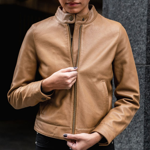 Women’s Tan Racer Leather Jacket - genuine Leather jacket 