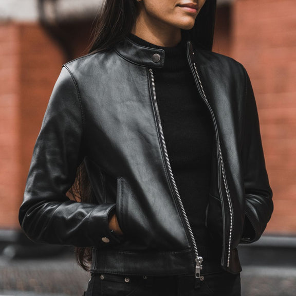 Women’s Black Leather Bomber Jacket – Genuine Lambskin Moto Racer Style 