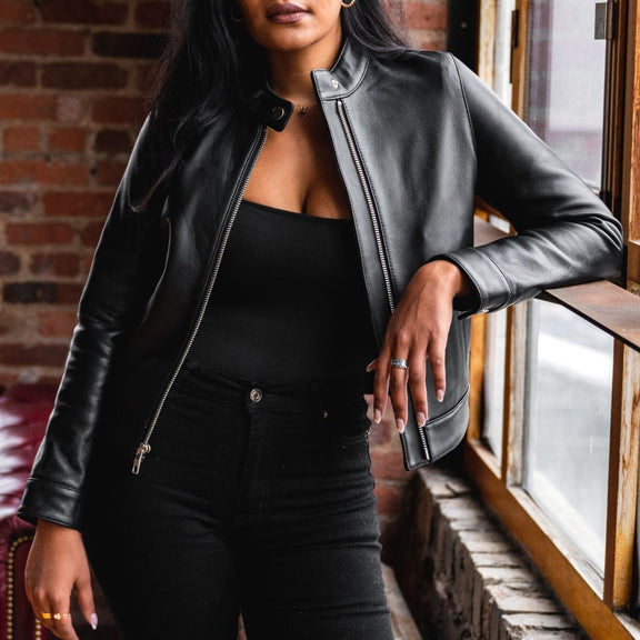 Women’s Black Leather Bomber Jacket – Genuine Lambskin Moto Racer Style 