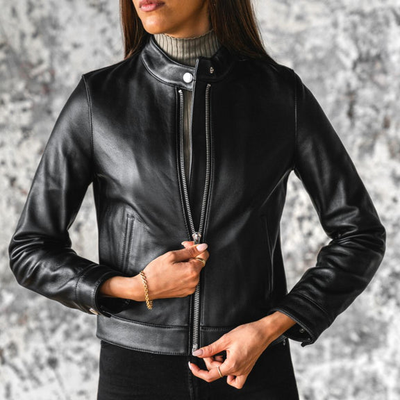 Women’s Black Leather Bomber Jacket – Genuine Lambskin Moto Racer Style 