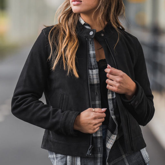 Women’s Black Suede Leather Jacket – Racer Style with Premium Finish 