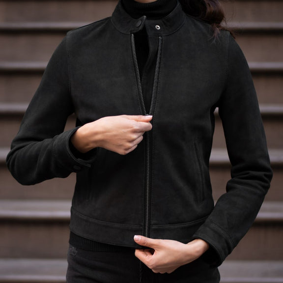 Women’s Black Suede Leather Jacket – Racer Style with Premium Finish 