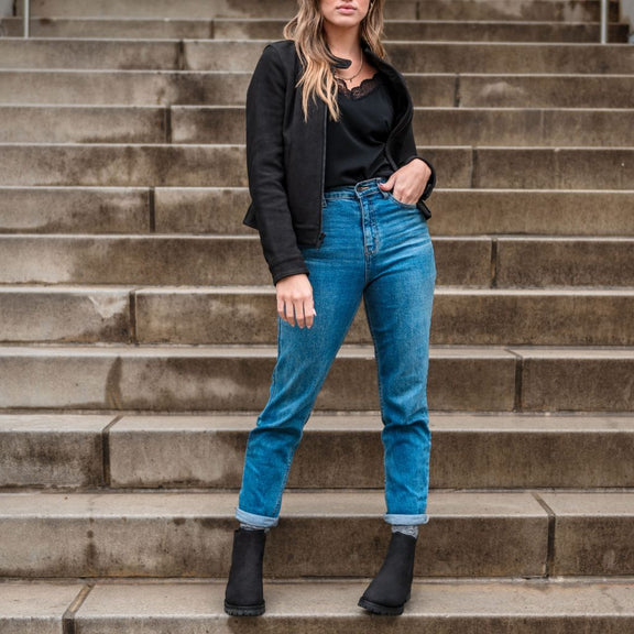 Women’s Black Suede Leather Jacket – Racer Style with Premium Finish 