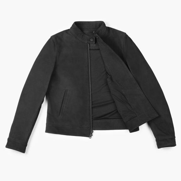 Women’s Black Suede Leather Jacket – Racer Style with Premium Finish 