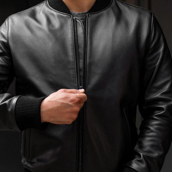 Black Bomber Leather Jacket For Mens - Real Leather Jacket 