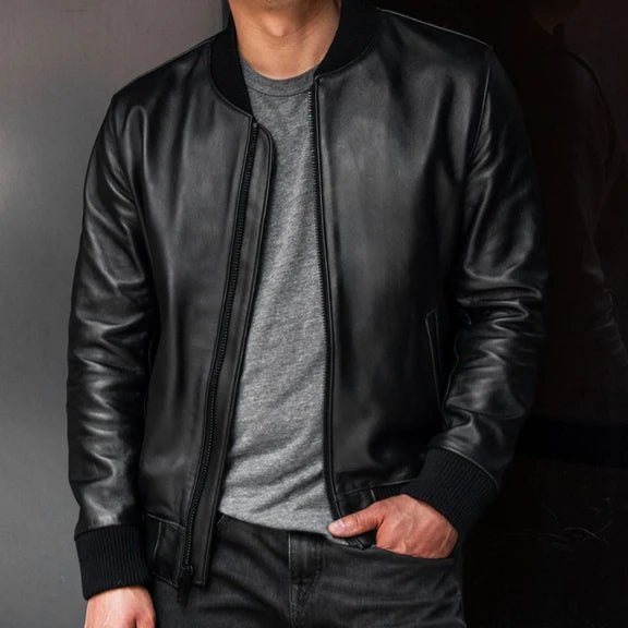 Black Bomber Leather Jacket For Mens - Real Leather Jacket 