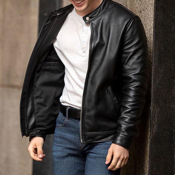 Men’s Black Cafe Racer Leather Jacket -Genuine Leather Jacket 