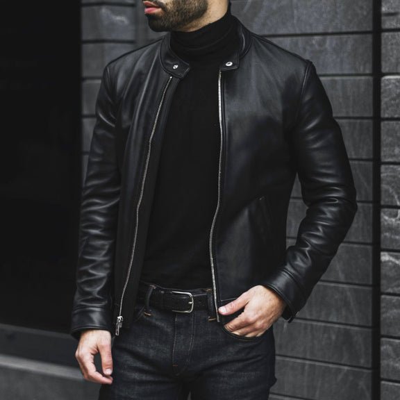 Men’s Black Cafe Racer Leather Jacket -Genuine Leather Jacket 