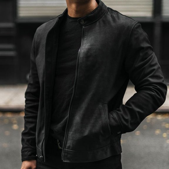 Men’s Black Leather Cafe Racer Jacket – Suede Leather Jacket. 