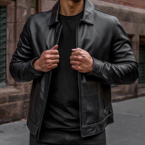 Men’s Black Leather Shirt Collar Jacket – Classic Shirt Collar Style 