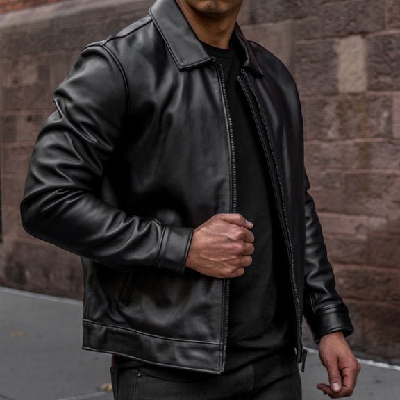 Men’s Black Leather Shirt Collar Jacket – Classic Shirt Collar Style 