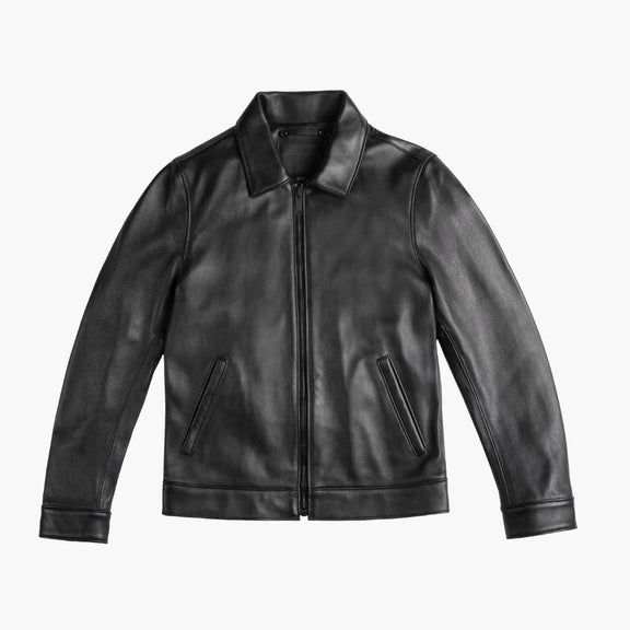 Men’s Black Leather Shirt Collar Jacket – Classic Shirt Collar Style 