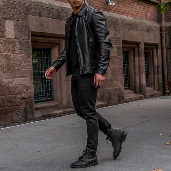 Men’s Black Leather Shirt Collar Jacket – Classic Shirt Collar Style 