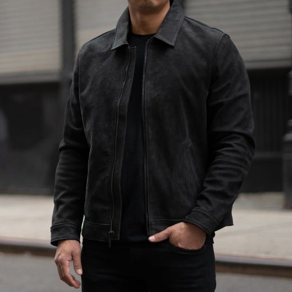 Men’s Black Suede Leather Jacket with Shirt Collar - Suede Leather 