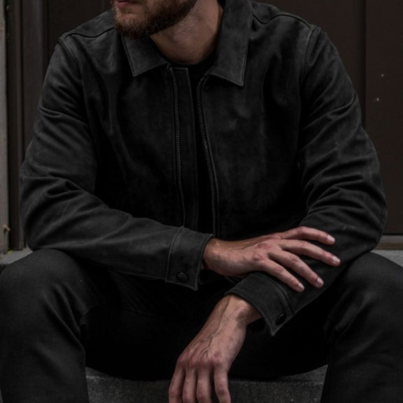 Men’s Black Suede Leather Jacket with Shirt Collar - Suede Leather 