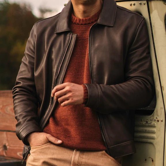 Men’s Brown Leather Shirt Collar Jacket – Classic Fit | Real Leather Outerwear 