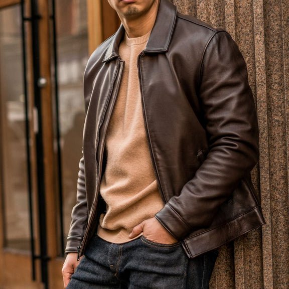 Men’s Brown Leather Shirt Collar Jacket – Classic Fit | Real Leather Outerwear 
