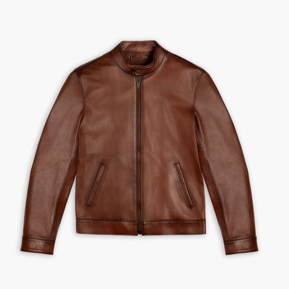 Men’s Brown Waxed Leather Racer Jacket – Real Lambskin | Slim Fit Moto Style 