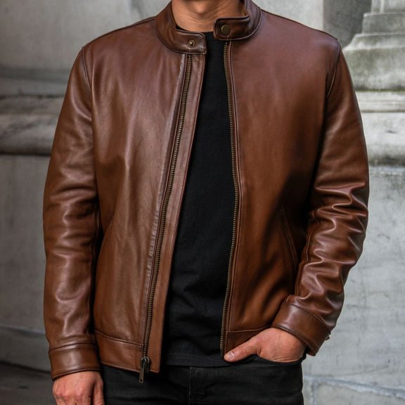 Men’s Brown Waxed Leather Racer Jacket – Real Lambskin | Slim Fit Moto Style 