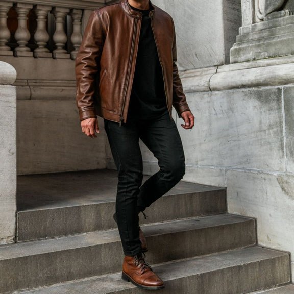 Men’s Brown Waxed Leather Racer Jacket – Real Lambskin | Slim Fit Moto Style 