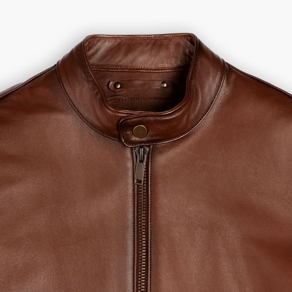 Men’s Brown Waxed Leather Racer Jacket – Real Lambskin | Slim Fit Moto Style 