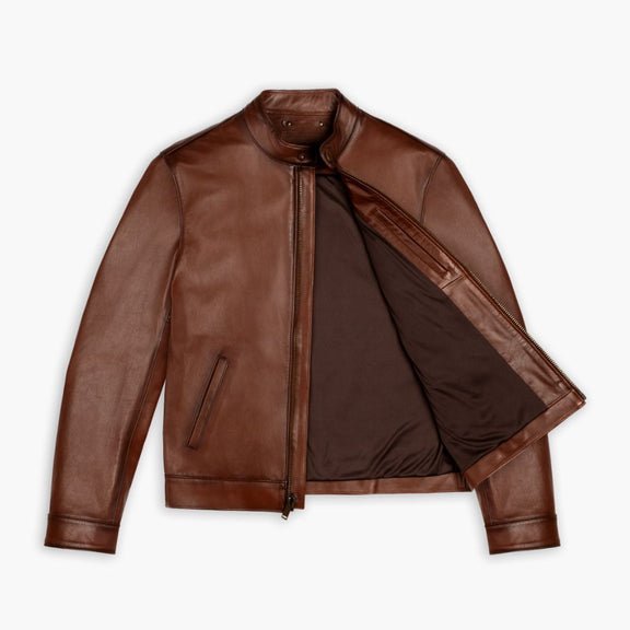 Men’s Brown Waxed Leather Racer Jacket – Real Lambskin | Slim Fit Moto Style 