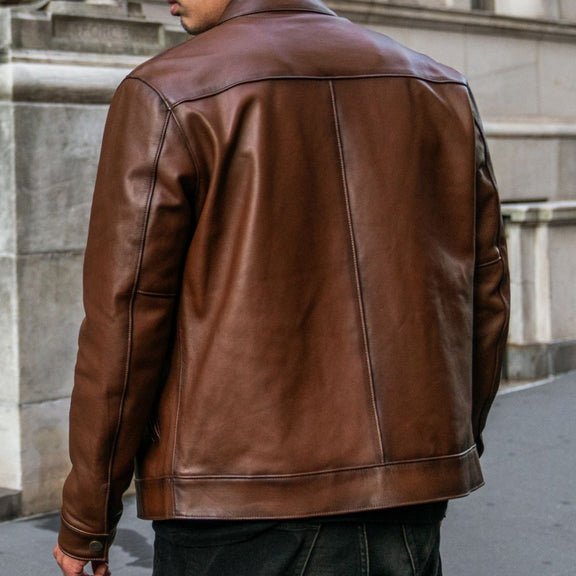 Men’s Brown Waxed Leather Racer Jacket – Real Lambskin | Slim Fit Moto Style 