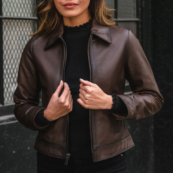 Women's Brown Shirt Collar Leather Jacket  With Waxed Shaded - Real Leather 