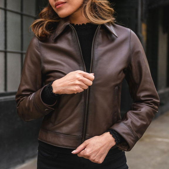 Women's Brown Shirt Collar Leather Jacket  With Waxed Shaded - Real Leather 