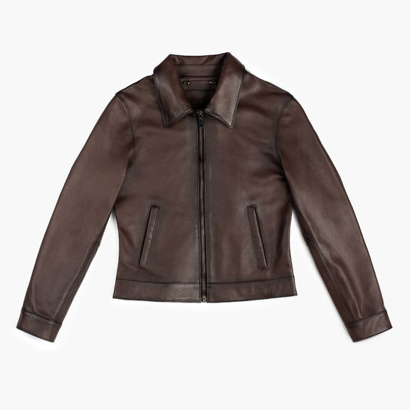 Women's Brown Shirt Collar Leather Jacket  With Waxed Shaded - Real Leather 