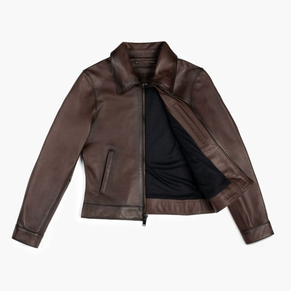Women's Brown Shirt Collar Leather Jacket  With Waxed Shaded - Real Leather 