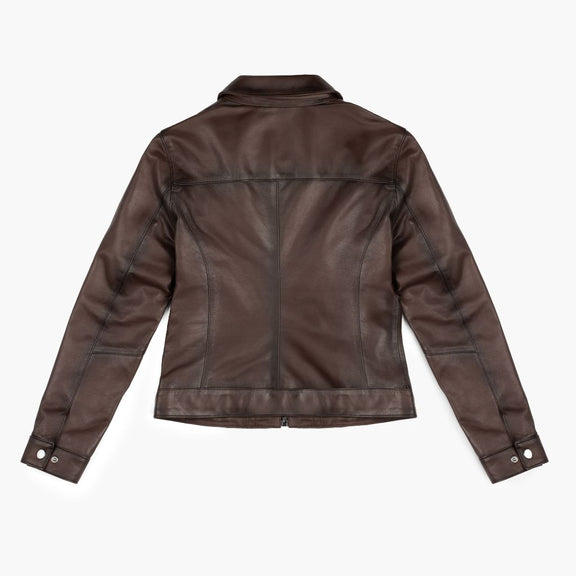 Women's Brown Shirt Collar Leather Jacket  With Waxed Shaded - Real Leather 